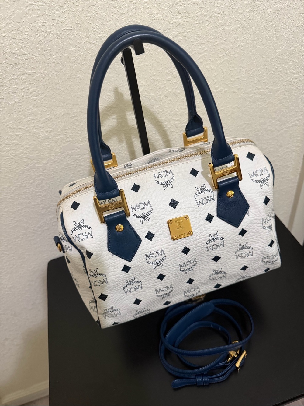 MCM White Logo Satchel with Blue Trim and Gold Hardware - Picture 2 of 6